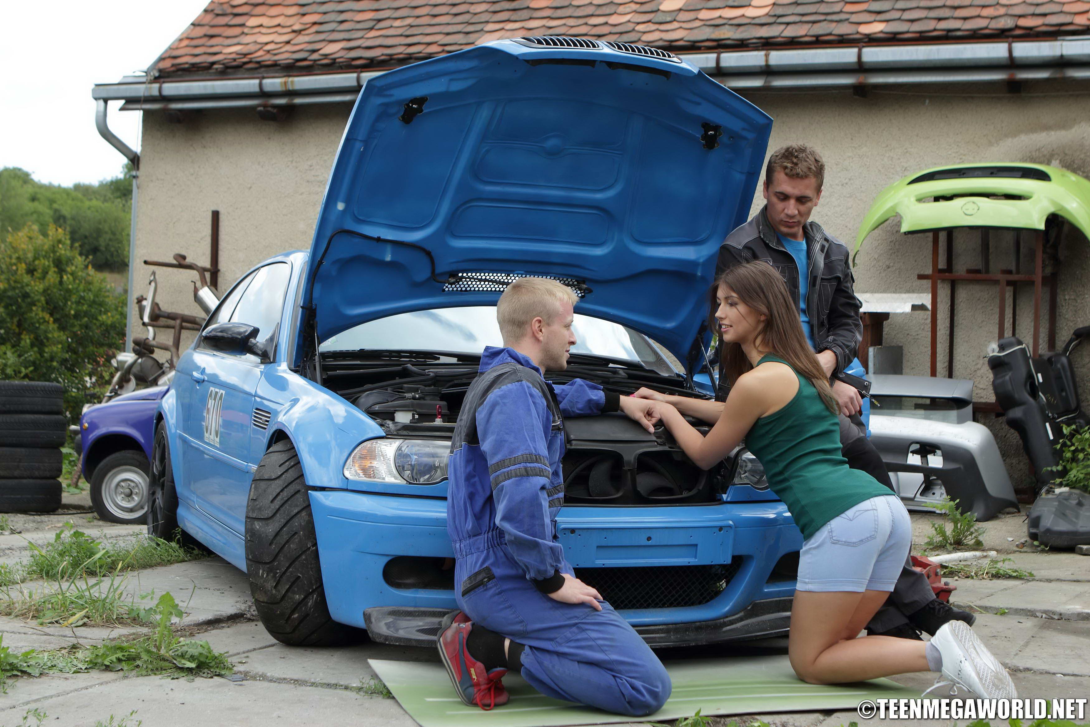 Mechanics Double Team A Small Tits Brunette Girl Over A Car